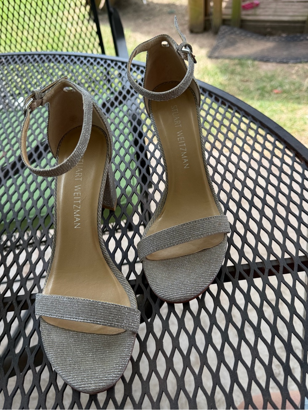 Stuart Weitzman Silver Glitter Ankle-Strap Block Heels